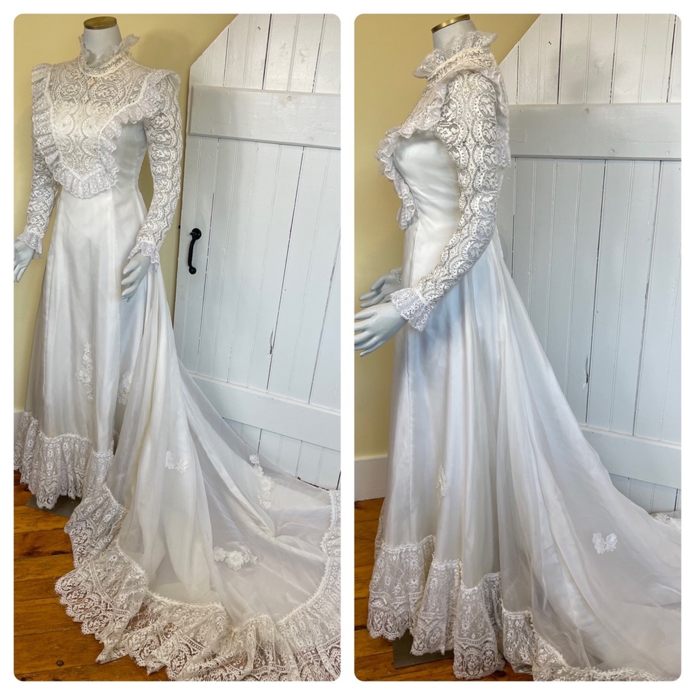 VINTAGE 1970s Wedding Dress: Full Train, Lace Trim, Pearl Embellished - Picture 17 of 17